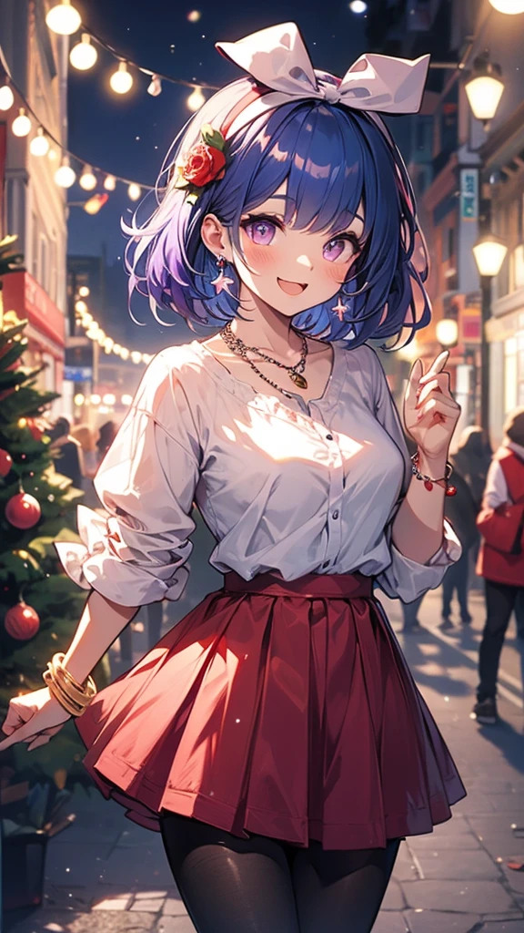 1 Girl, Bangs, Blue Hair, bow, Box, bracelet, Christmas, Christmas tree, Cowboy shooting, skirt, earrings, Fishing Net, flower, Gift, Gift Box, Hair accessories, Hamel, Jewelry, Looking at the audience, Colorful hair, necklace, Pantyhose, Open your mouth, Purple Eyes, red skirt, Ribbon, Rose, short hair, Smile, Solitary, High Leg Raise