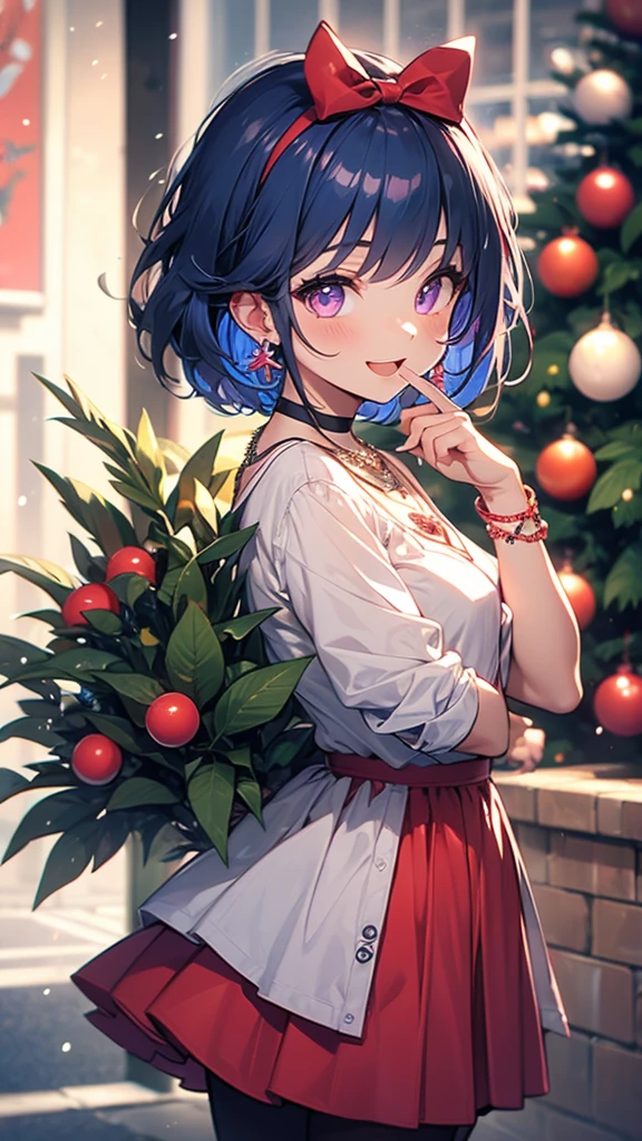 1 Girl, Bangs, Blue Hair, bow, Box, bracelet, Christmas, Christmas tree, Cowboy shooting, skirt, earrings, Fishing Net, flower, Gift, Gift Box, Hair accessories, Hamel, Jewelry, Looking at the audience, Colorful hair, necklace, Pantyhose, Open your mouth, Purple Eyes, red skirt, Ribbon, Rose, short hair, Smile, Solitary, High Leg Raise