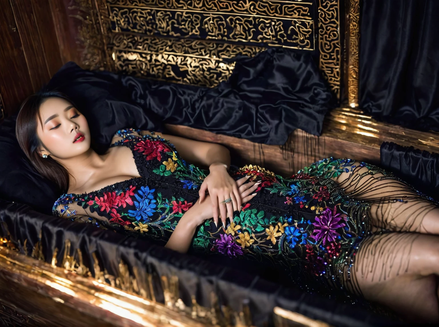 In a striking 8K HDR scene, a stunning Korean woman, 22 years old, lies peacefully in a black coffin surrounded by plush pillows. The deep box is set against a rich black background, accentuating the beauty of the subject. Her exquisite deep-V neckline kebaya attire is embroidered with superb detail, showcasing her round and firm breasts, perfect cleavage, and beautiful eyebrows. Her closed eyes and mouth give an air of serenity, while her visible and absolute cleavage leave nothing to imagination. The scene is bathed in saturated colors, highlighting every intricate aspect from the ball skirt to her clean face, straight body, detailed hand perfect hands, straight body, own hands together, own hand on stomach, detailed hands, perfect hands.