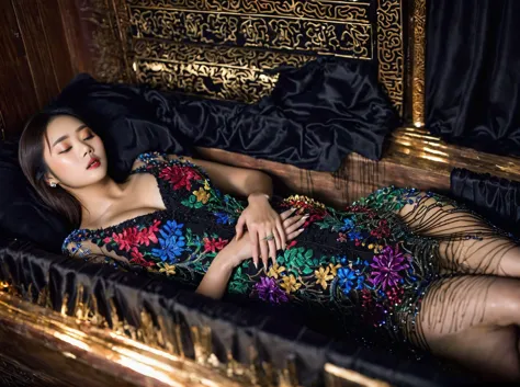 In a striking 8K HDR scene, a stunning Korean woman, 22 years old, lies peacefully in a black coffin surrounded by plush pillows...