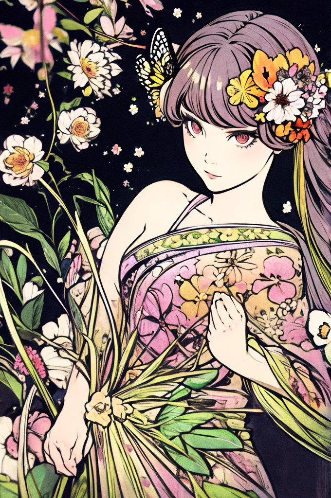 (art nouveau:1.25), maximalism art style,Neon Theme,suprematism,beautiful detailed flower, beautiful detailed eye,Super detailed,flower,超high quality,,eye,flower and hair is same color,Beautiful colors,face,her hair is becoming flower, flower,hair,flower,butterfly,,1 girl cute,,Attention to detail, high quality,Backlight,hair and clothes is flower,Upper Body ,high quality,hair with body ,Web Dress, Upper Body, flower leg, flower hands,body with flower,    flower with clothes , dress with flower, , Particles of light,Black background,  Hair with flower,Small breasts with flower,floating hair with flower,floating1girl,Small breasts,  marbling with hair and clothes, View your viewers,original,Put your arms down, Paper cutting, Black background, High resolution, hair with  flower,hair with flower ,hair,  wavy hair ,Diffuse lighting, Abstract,Butterfly with a body,   Big Top Sleeves, floating,student, [[hair over one eye]],dark,character, 