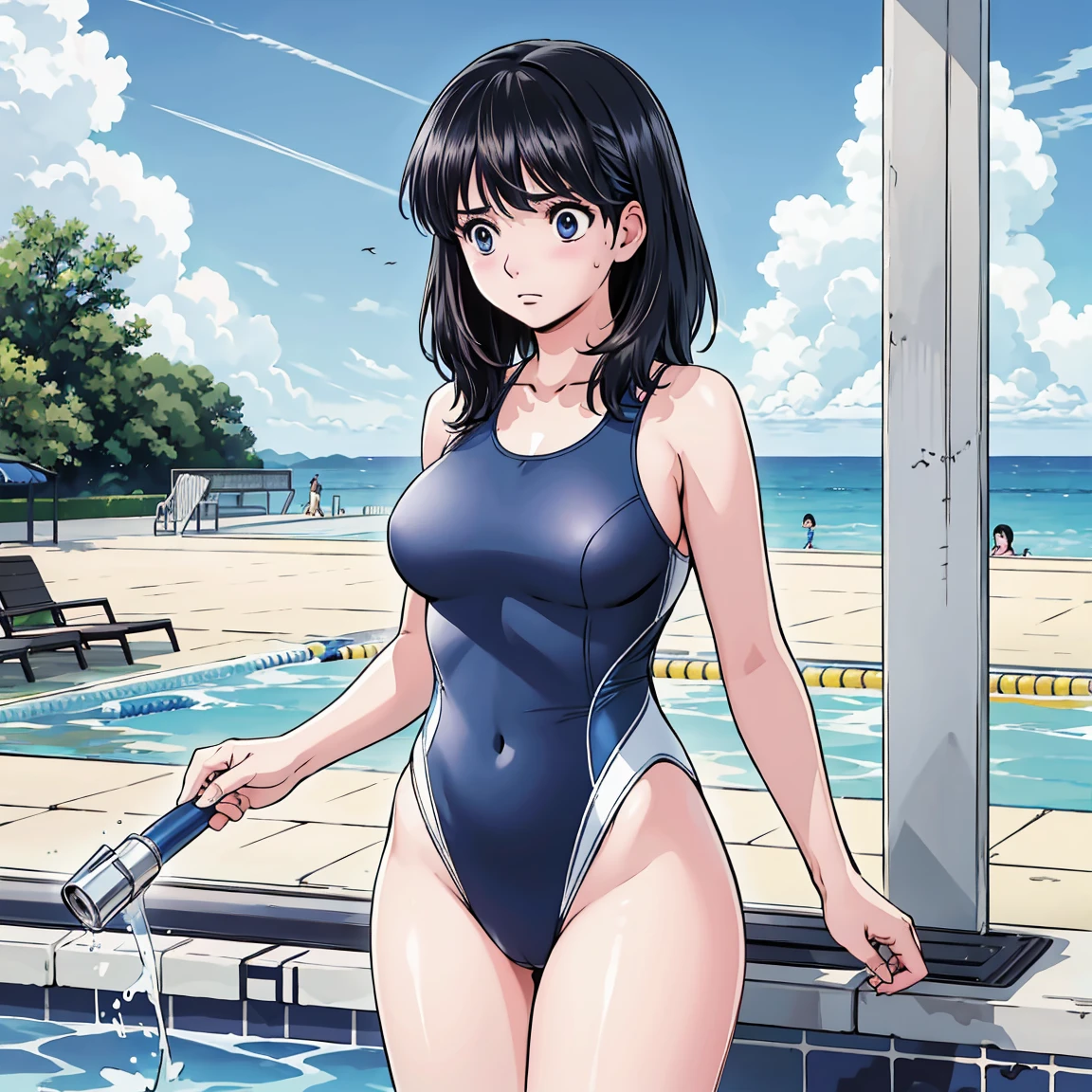 (Semi-long hair)、Navy blue competitive swimwear、(Highest quality:1.3)、One Girl、(((Semi-long hair)))、Cowboy Shot、At the school pool、Naked butt、Big Ass、Sweat、masterpiece, Highest quality, High resolution, 超High resolution, RTTX10.0, Pixel Perfect, Written boundary depth, 4K, Very detailed、Embarrassed expression、Browsing Caution、Open navy blue swimsuit、