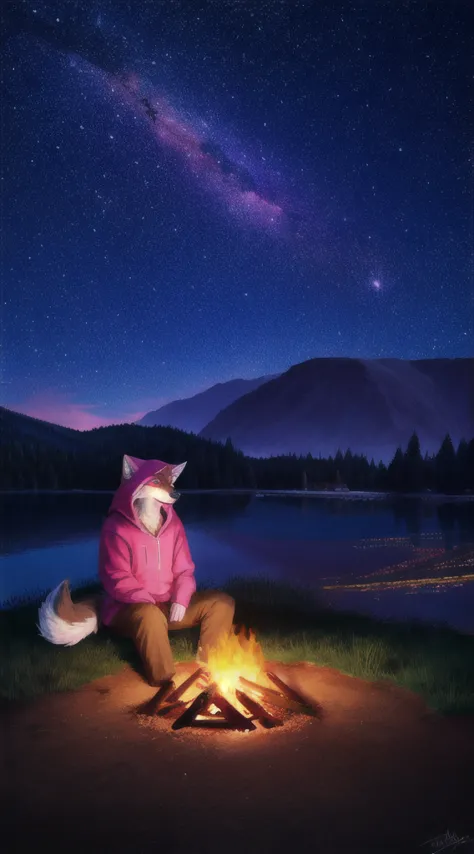 octane, sky, star (sky), stage, starry sky, night, 1 , wolf, furry, tail, looking at the sky, pink fur, pink hood, brown pants, ...