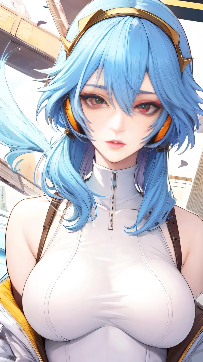 (masterpiece, best quality:1.2), 1girl, solo,mature_lady, delicate face,detail eyes,long hair, floating hair,medium breasts,floating clothes,,Ayanami Rei,white bodysuit,red eyes,pilot suit,short hair,blue hair,bangs,interface headset,turtleneck,hair between eyes,in a plaza