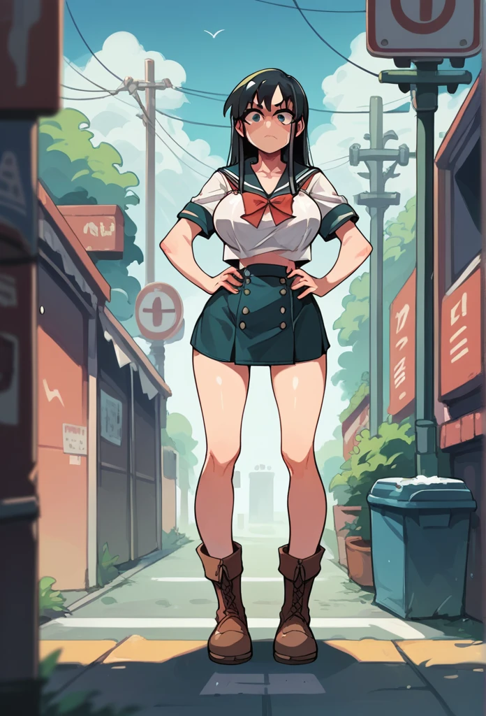 Masterpiece, best quality, high resolution, 1 woman , Ichika , long straight black hair , A cold expression , sailor shirt , short skirt , boots, Long legs , full body , abdomen , big breasts , Put your hands on your hips...... , roadside