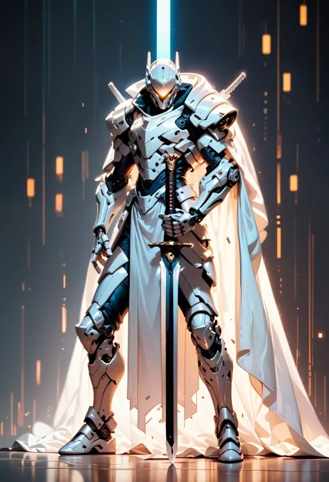 1 boy, alone, three-quarter profile, detailed background well integrated into the image, white armor, white glowing eyes, full b...