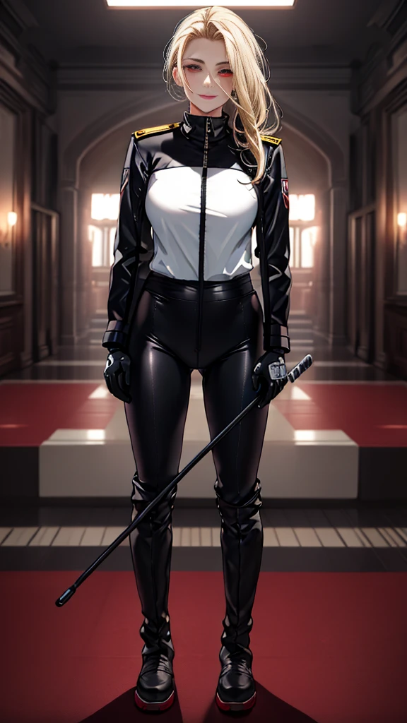 (highest resolution, distinct_image) best quality, a woman, solo, masterpiece, highly detailed, semi realistic, blonde hair, bangs, 1, mature, young, tall strong, uniform, military uniform( large indoor background), cold, serious, tall, handsome, autocratic, powerful, exquisite facial features, exquisite facial features, (full body)(black knee-high boots:1.4)(dominatrix:0.3)(white Yoga pants:1.3),(gloves:1.5)(long sleeves),(active sportswear shirt),solo,1girl,(looking at viewer),(from below:0.9)(head turned upwards:0.3)(smiling:0.4)(bodysuit:0.3)(holding riding crop:1.2)(muscular:0.8)(shirt tucket in pants)(parquet flooring)(standing on floor)(pretty eyes)(staring)(yandere), red eyes, white hair, superior smirk, smiling, devious, anime look, detailed drawing, manga, illustration , glowing red eyes, superior, smug