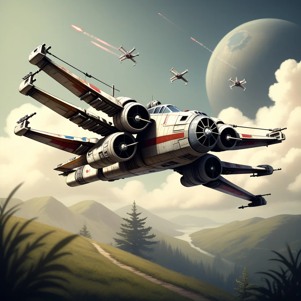 Ditsy, nave espacial x-wing, vintage, natural, Em camadas, Profundidade