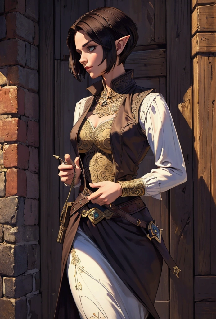 (Masterpiece, Best quality, Top quality, Intricate details, Beautiful, aesthetic:1.2), Highest quality, masterpiece, high resolution, 8k, cinematic lighting, sharp resolution, medium shot, samdoesarts style, beautiful woman, character portrait, 1 female elf, beautiful short dark hair, short hair, rogue, dressed well, britches, and vest, a sickle hangs from her hip, daytime, crowded city streets, fantasy city, cobblestone streets,