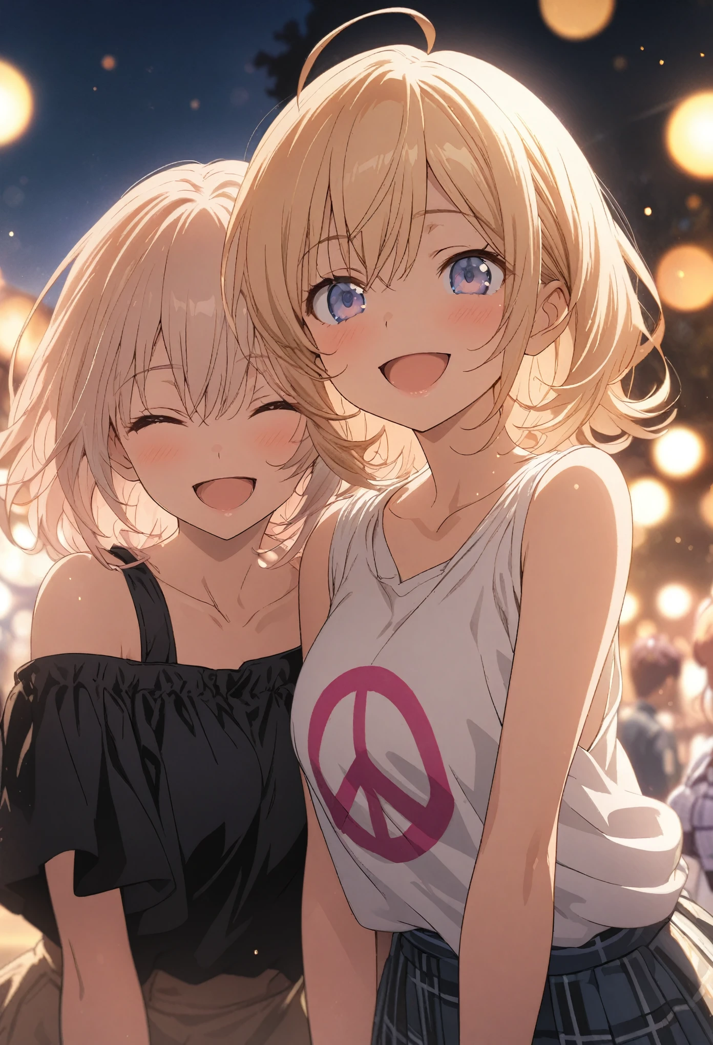 2 Girls, masterpiece, Highest quality, Highly detailed CG Unity 8K wallpapers, High School Girl Anime Illustration. Wear an oversized tank top, she is wearing a checked skirt, peace signのポーズ, she has her eyes closed and mouth open, smile. Bokeh, (Soft Focus):1.2, Out of focus highlights, Dreamy atmosphere, Glowing circle, Fascinating Depth, The background is a realistic landscape