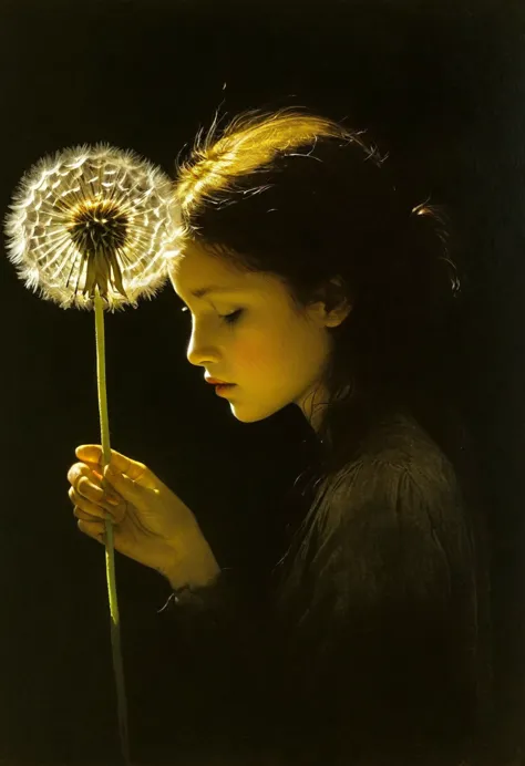 the flower is dried up, odorless, next to the flower is a dandelion girl with wings. ideal body anatomy. beautiful face and look...