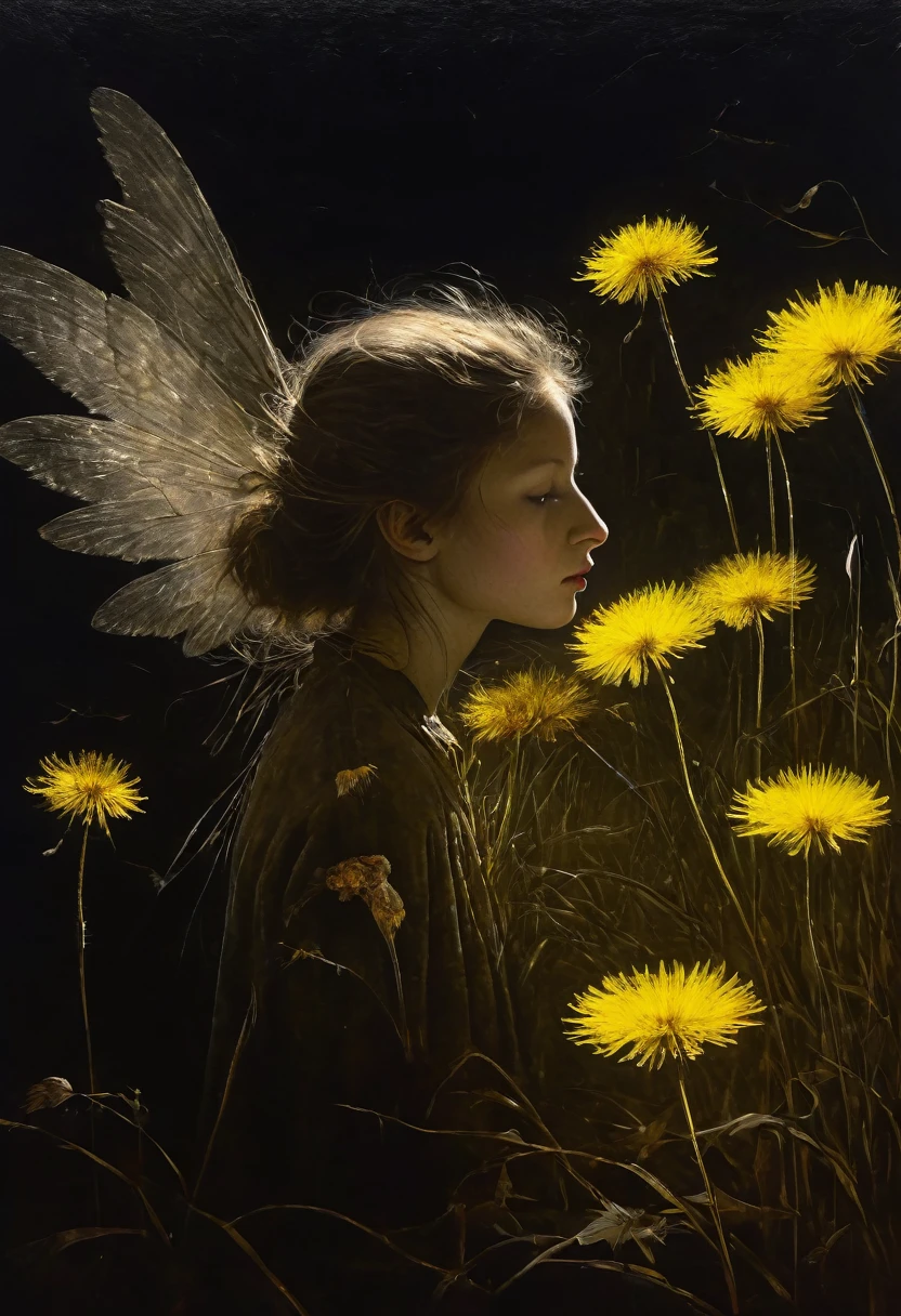 The flower is dried up, odorless, next to the flower is a dandelion girl with wings. Ideal body anatomy. Beautiful face and look. The disturbing and grotesque world of Stephen Gummel. Style by Andrew Wyeth “Scary Stories Told in the Dark.
