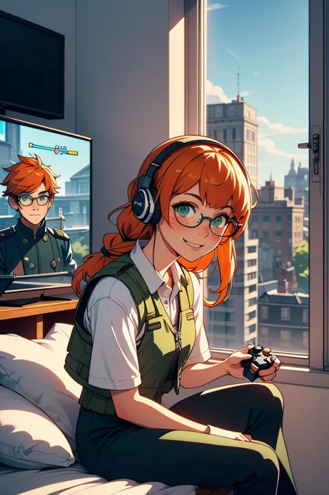 lis, glasses, green eyes, headset, orange hair, one braid, military clothes, bulletproof vest, black pants, looking at viewer, s...