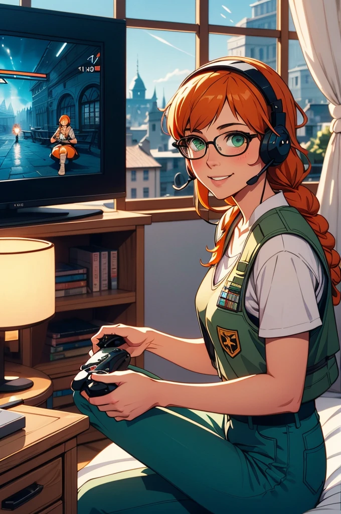 lis, glasses, green eyes, headset, orange hair, one braid, military clothes, bulletproof vest, black pants, looking at viewer, smiling, blush, side view, sitting, on bed, playing videogame, holding game controller, television, inside bedroom, window, curtain, soft lighting, high quality, masterpiece,  