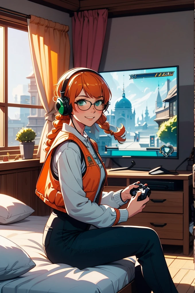 lis, glasses, green eyes, headset, orange hair, one braid, military clothes, bulletproof vest, black pants, looking at viewer, smiling, blush, side view, sitting, on bed, playing videogame, holding game controller, television, inside bedroom, window, curtain, soft lighting, high quality, masterpiece,  