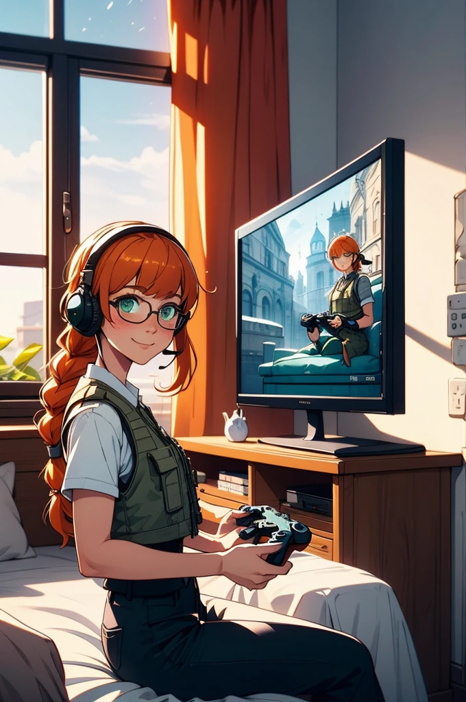 lis, glasses, green eyes, headset, orange hair, one braid, military clothes, bulletproof vest, black pants, looking at viewer, smiling, blush, side view, sitting, on bed, playing videogame, holding game controller, television, inside bedroom, window, curtain, soft lighting, high quality, masterpiece,  