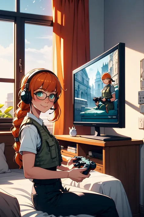 lis, glasses, green eyes, headset, orange hair, one braid, military clothes, bulletproof vest, black pants, looking at viewer, s...