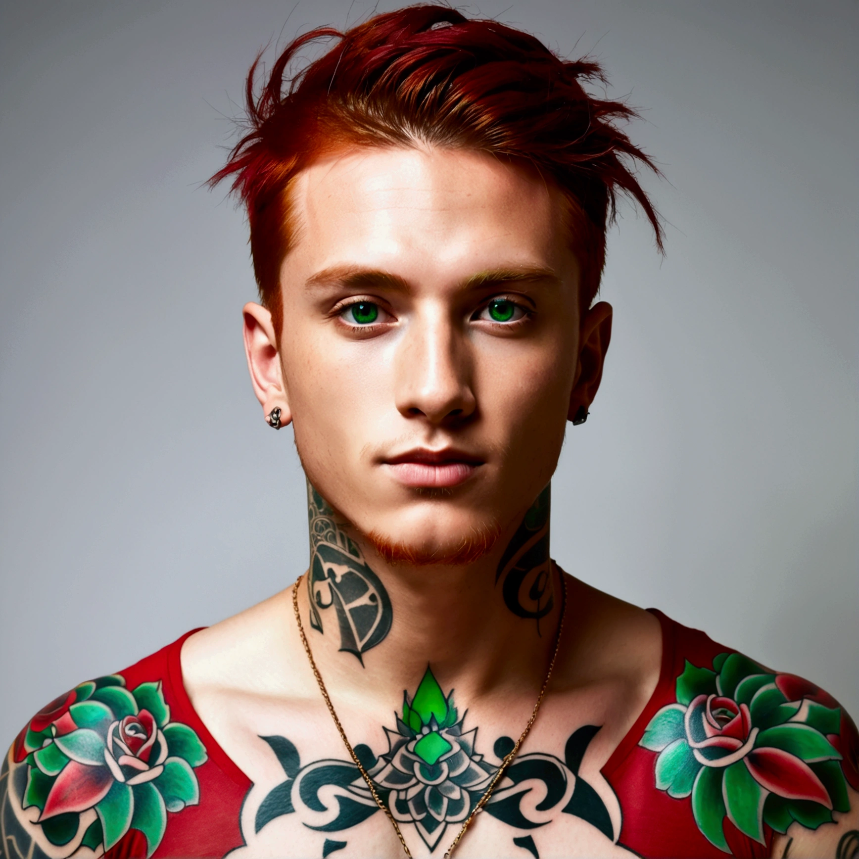 A short, but agile and fast young man with bright red hair and green eyes. There are many tattoos on his body, each of which symbolizes important moments of his life; in the tattoo, create some scary ones in detail