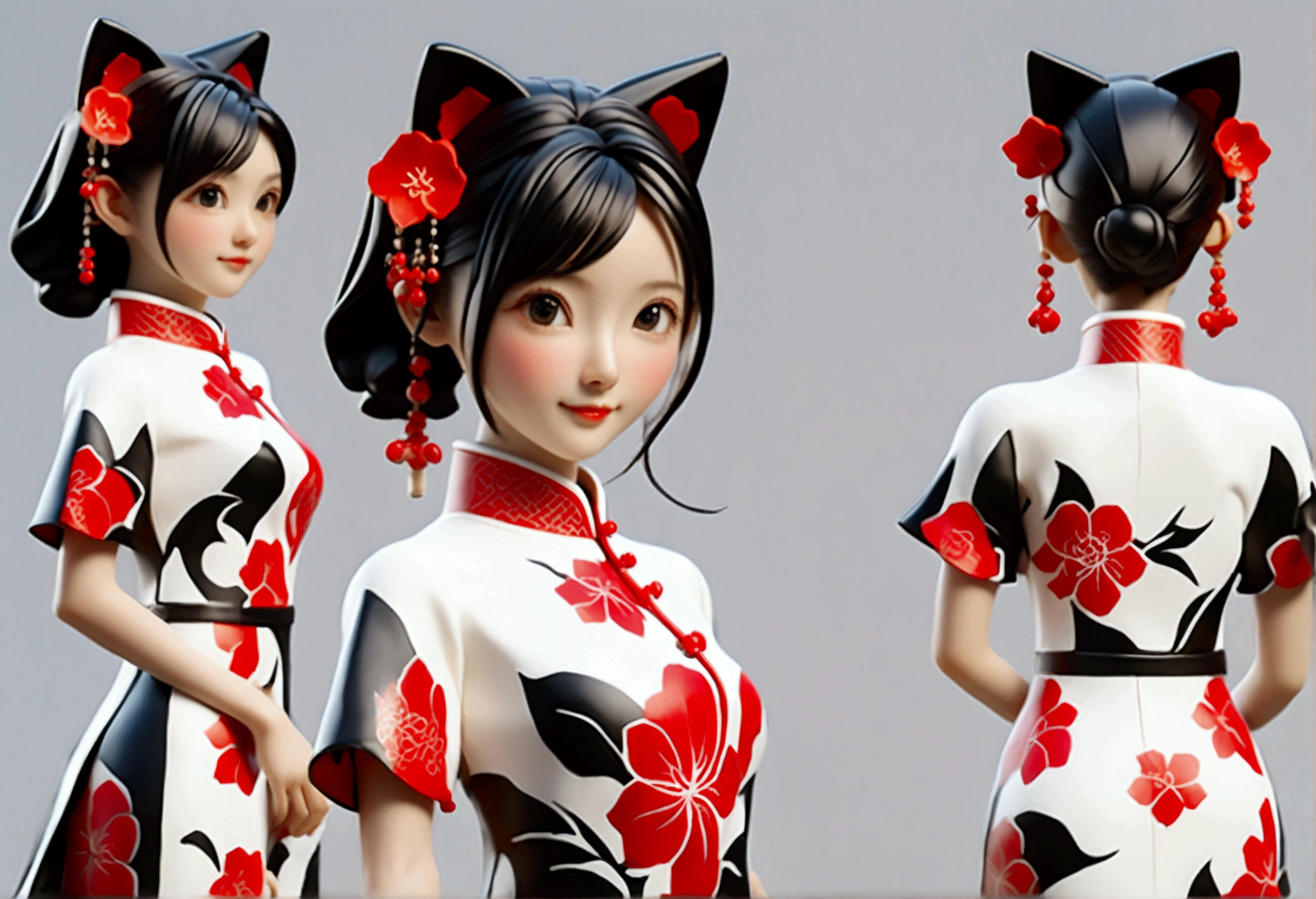 (((Mostrando la vista frontal del mismo diseño de figura IP de personaje 3D、Vista lateral、Vista trasera:1.5)))，Chica joven de moda，Vistiendo un moderno cheongsam teñido con tinta，Cheongsam de seda Atles de colores mezclados en blanco y negro con tinta，Cheongsam tótem uigur，Patrón de buganvilla roja，Estilo cheongsam que combina etnicidad y moda.，patrón retro chino，Lindo patrón floral，mangas de avión，mangas anchas，Mangas de globo，Mangas de pipa，Crea personajes de tendencia nacional en 3D.，Patrón delicado de buganvilla，Integración cultural multiétnica，Estilo chino tridimensional，Diseño de figura IP de personaje 3D de estilo chino.，Rostro ovalado perfectamente proporcionado，Textura de calidad ultraalta a nivel de película，iluminación global，（Estilo de cuerpo completo），((El mismo diseño de figura IP de personaje en 3D con la misma ropa y accesorios desde múltiples perspectivas，Vista frontal del mismo diseño de figura IP de personaje 3D，同一个3D人物IP手办设计的Vista lateral，同一个3D人物IP手办设计的Vista trasera))，
