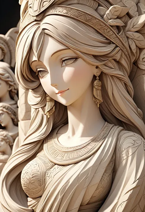 ( perfect anatomy ) close-up bust of long-haired woman statue ancient greece elegant smile gorgeous very beautiful greek goddess...