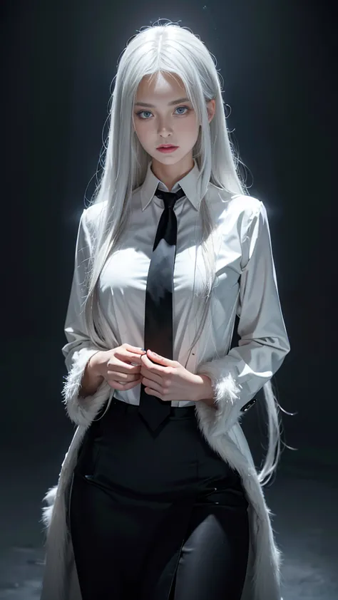 a beautiful woman with long white hair, ringed eyes, wearing a collared shirt, black necktie, black pencil skirt, and a fur coat...