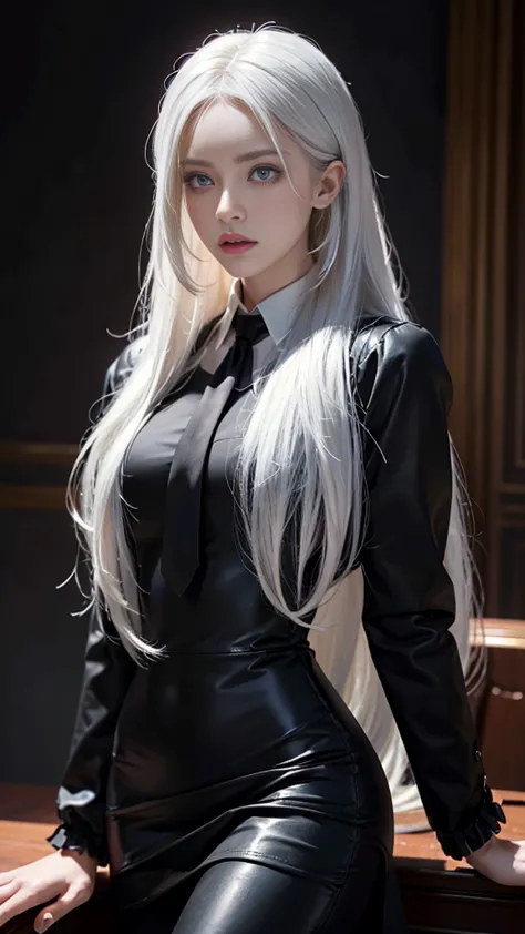 a beautiful woman with long white hair, ringed eyes, wearing a collared shirt, black necktie, black pencil skirt, and a fur coat...