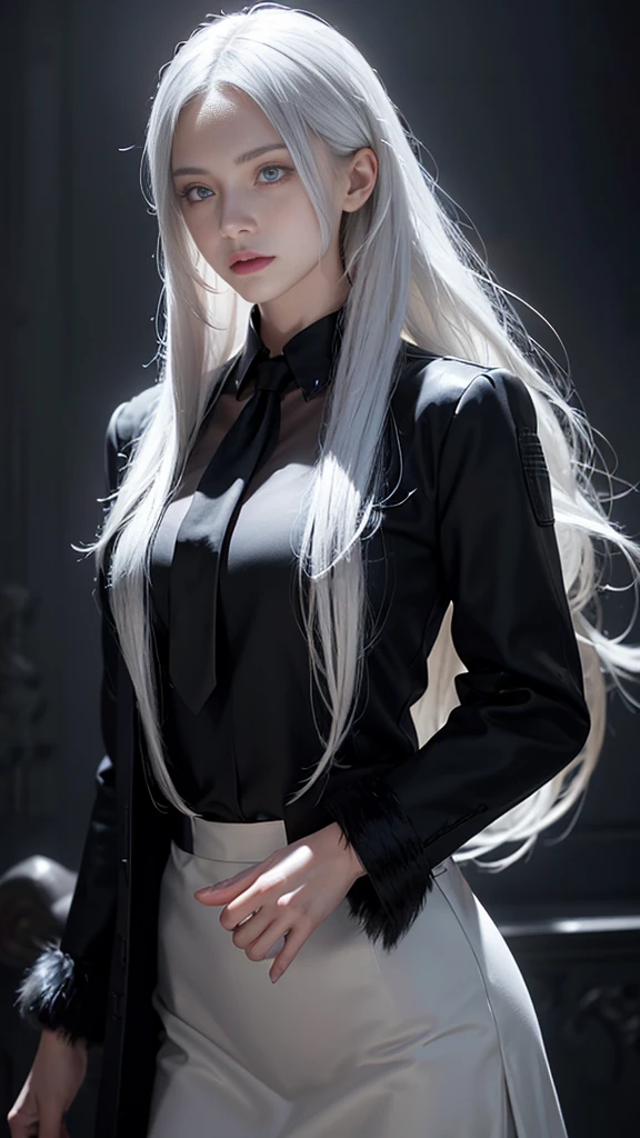 a beautiful woman with long white hair, ringed eyes, wearing a collared shirt, black necktie, black pencil skirt, and a fur coat, 1girl,photorealistic, high resolution, masterpiece, ultra-detailed, realistic, photo-realistic, HDR, UHD, studio lighting, extreme detail, professional, vivid colors, porcelain skin, delicate features, striking pose, cinematic lighting, dramatic atmosphere, dynamic composition, intricate details, flawless skin, elegant fashion, high-fashion, chiaroscuro, dramatic shadows, moody lighting