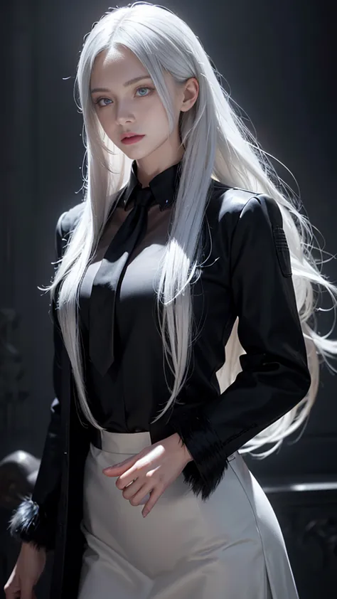 a beautiful woman with long white hair, ringed eyes, wearing a collared shirt, black necktie, black pencil skirt, and a fur coat...