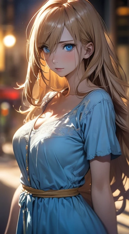 Anime style, filmgPortrait photo, 1womanl, 30-years old, full bodyesbian, large full breasts, Angry, Golden hair, Longhaire, Blue eyes, Wearing a light blue dress, (Natural Skin Texture vibrant detail, hyper realisitic, (Realistic detailed eyes, Natural Skin Texture, Realistic face details), Soft dramatic lighting, depth of fields, bokeh, vibrant detail, hyper realisitic, 35mm filmg, Hazy blur, filmg,