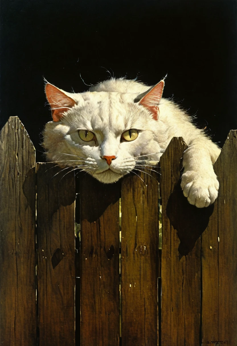 I see the cat lounging on the fence. It is clear that he is uncomfortable - the fence is narrow, and his big belly hangs on one side, then on the other, this time it is better.  Ideal body anatomy. Beautiful face and look. The disturbing and grotesque world of Stephen Gummel. Andrew Wyeth's style: Scary Stories Told in the Dark.
