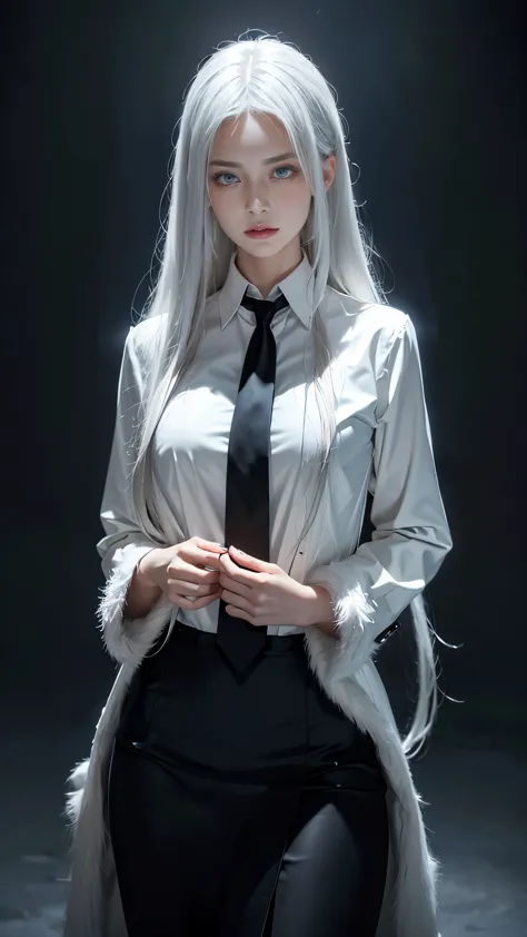 a beautiful woman with long white hair, ringed eyes, wearing a collared shirt, black necktie, black pencil skirt, and a fur coat...