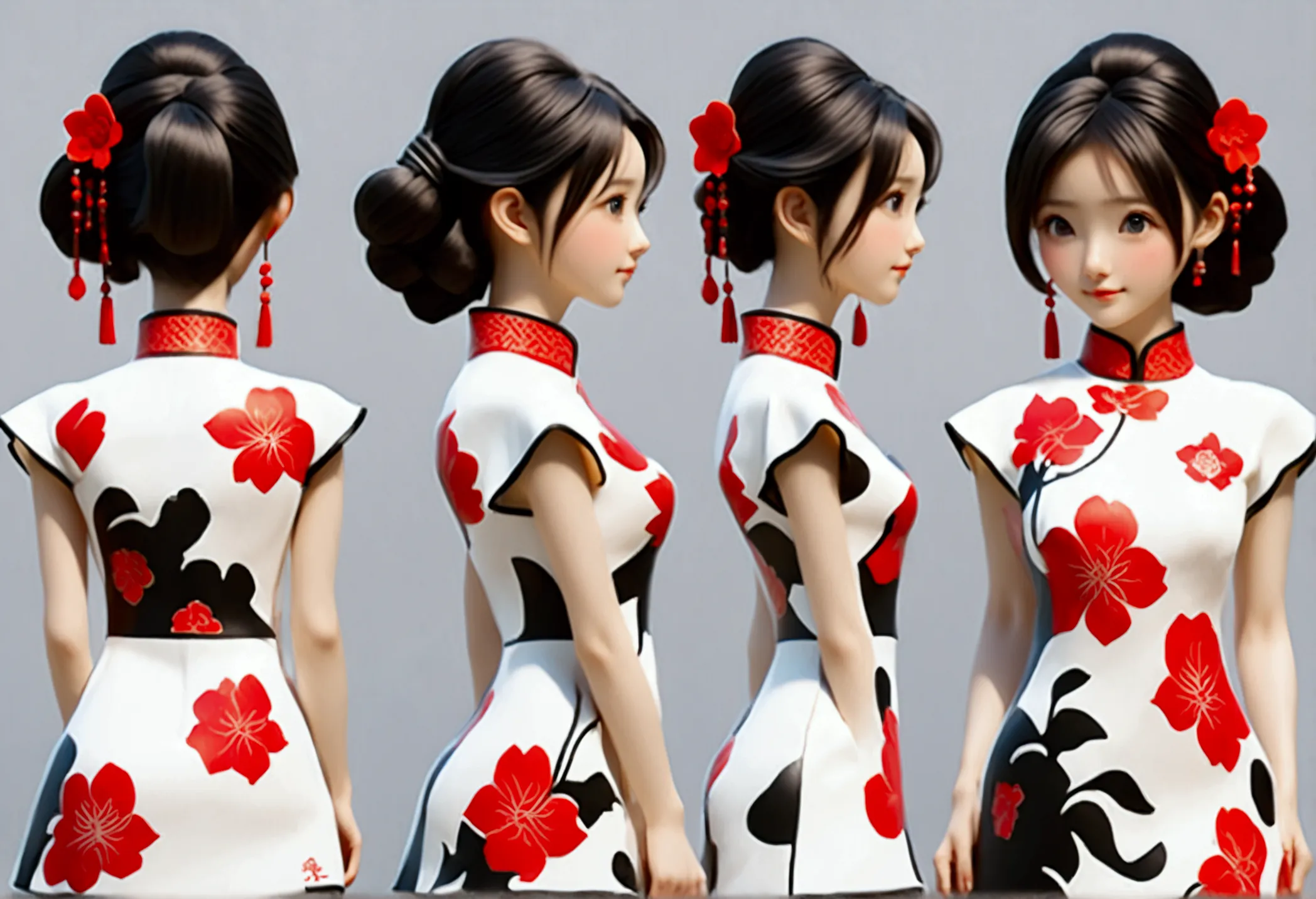 (((showing the front view of the same 3d character ip figurine design、side view、rear view:1.5)))，young fashionable girl，wearing ...