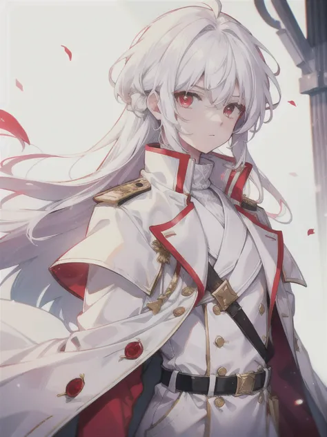 A young boy with red eyes, white  hair,long and big coat,a white blouse with elegant details,