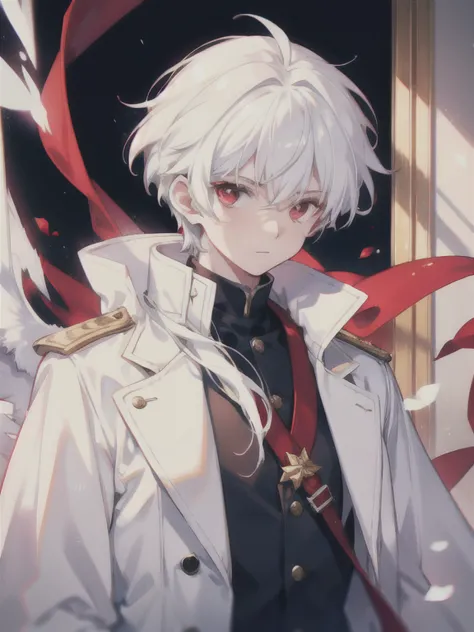 A young boy with red eyes, white  hair,long and big coat,a white blouse with elegant details,