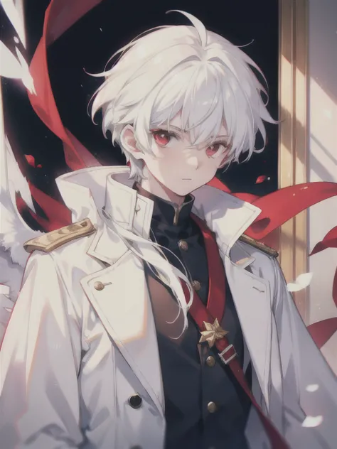 a young boy with red eyes, white  hair,long and big coat,a white blouse with elegant details,