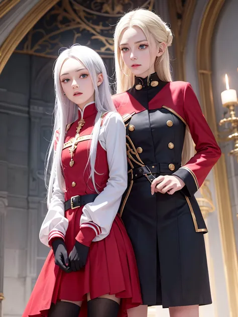 edelgard&#39;s photo_school, hair ribbon, black jacket, black dress, ascot, red pantyhose, white gloves, high heels, walking the...