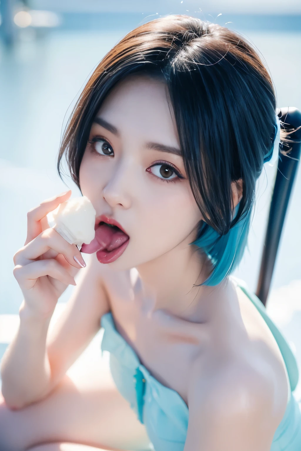 from above, face close-up,holding popsicle,popsicle_licking,lickinng,tongue_out, open_mouth,ice-cream,masterpiece,best quality,1girl, blush,,ganyu,ganyu(genshin impact), horns, short blue hair, black body-stockings,white clothes,,rose,dark_background,  flower, ice_flower, icicle,,luminous butterflies, fluttering butterflies,