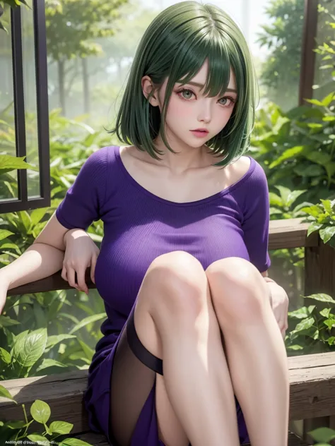 latte 867, one girl, alone, (forest green hair:1.2), asymmetrical haircuts, (purple clothes:1.2) masterpiece, highest quality, p...