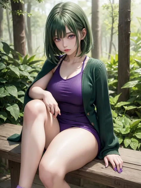 latte 867, one girl, alone, (forest green hair:1.2), asymmetrical haircuts, (purple clothes:1.2) masterpiece, highest quality, p...