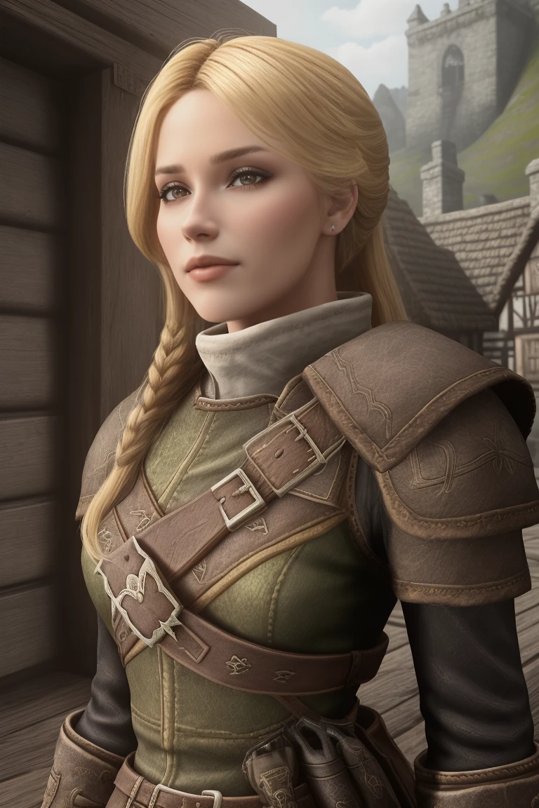 1 girl, masterpiece, 32 yo, femalebreton beauty sits outdoors in a rustic Skyrim village, surrounded by thatched roofs and lush greenery. The sun casts a warm glow on her porcelain skin as she gazes directly into the camera lens, her piercing green eyes sparkling with a hint of mischief. Her raven tresses cascade down her back like a waterfall, framing her heart-shaped face. A gentle smile plays on her lips, inviting the viewer to step into her whimsical world. blonde hair, fit body, Skyrim style, (female front view:1.3), looking at the viewer.,wearing light armor, blonde hair, femalebreton