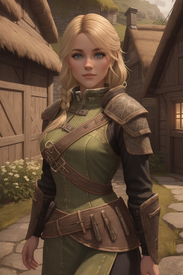 1 girl, masterpiece, 32 yo, femalebreton beauty sits outdoors in a rustic Skyrim village, surrounded by thatched roofs and lush greenery. The sun casts a warm glow on her porcelain skin as she gazes directly into the camera lens, her piercing green eyes sparkling with a hint of mischief. Her raven tresses cascade down her back like a waterfall, framing her heart-shaped face. A gentle smile plays on her lips, inviting the viewer to step into her whimsical world. blonde hair, fit body, Skyrim style, (female front view:1.3), looking at the viewer.,wearing light armor, blonde hair, femalebreton