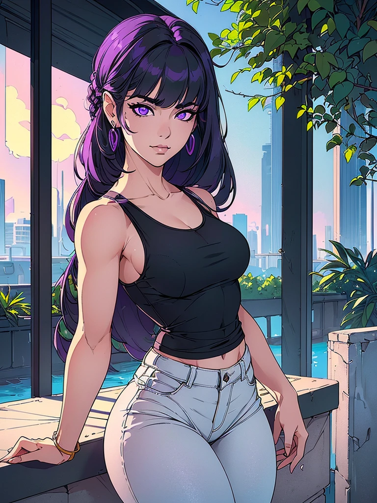 Just one girl,white skin,(glow up),Best quality, 4k, high resolution, body stuck outfits, perfect smile, light skin, ahegao face, purple eyes,(eye's colour is purple(beautiful eyes),detail eyes, realastic eyes,  long hair , long hime-style cut (hair colour is black) ,straight hair, hime cut hair, wearing a tank (tank top is grey colour) and wearing gym leggig ( gym pants)(white colour and two purple lines on it), clothes are stuck in body, bodyfit outfit,1 girl, solo, seductive look, elegance and charm, (masterpiece, best quality, high resolution), looking at the viewer, standing, (intricate and beautiful:1.2), (detailed light:1.2), (soft light, side light), (high resolution textures) , outdoor, white skin girl ,outdoor background, sun light, attractive, sexy, mature and hot, young,(masterpiece:1.3), (disorganized:1.3), (highest quality:1.3), perfect anatomy, detailed face, front view, perfect right hands, looking at viewer, (Super detailed:1.3), (best shadow:0.7), (treated hair), fine eyes, beautiful eyes, young aged woman, alone, standing, crystal earrings,closed_mouth, , outdoors, arrogant face, small ,outfit detail,
Correct outfut details,thick thighs,