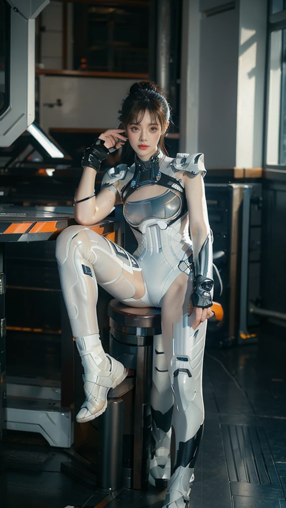 best quality, 1080P, Masterpiece, Whole body photo, Ultra high resolution, photorealistic photo, ultra realism, Realistic skin texture, ผมสีขาว, สวมแจ๊คเก็ตสีขาวcyberpunk บอดี้สูทหนังสีดำ, Extreme skin detail, dslr, Detailed eyes, Facing the camera, Very beautiful face, Firm facial structure, Pale skin, Realistic skin texture, Extreme skin detail, oc render reflection textures, Realistic light and shadow, one picture, alone, The body will be slender and balanced.,  Age 20, Height 170, no underwear, Flat stomach, (Shiny white leather bodysuit), full body view, Whole body photo, A girl with the body of a mechanical robot., Transparent futuristic white glass mech armor., cyberpunk, 