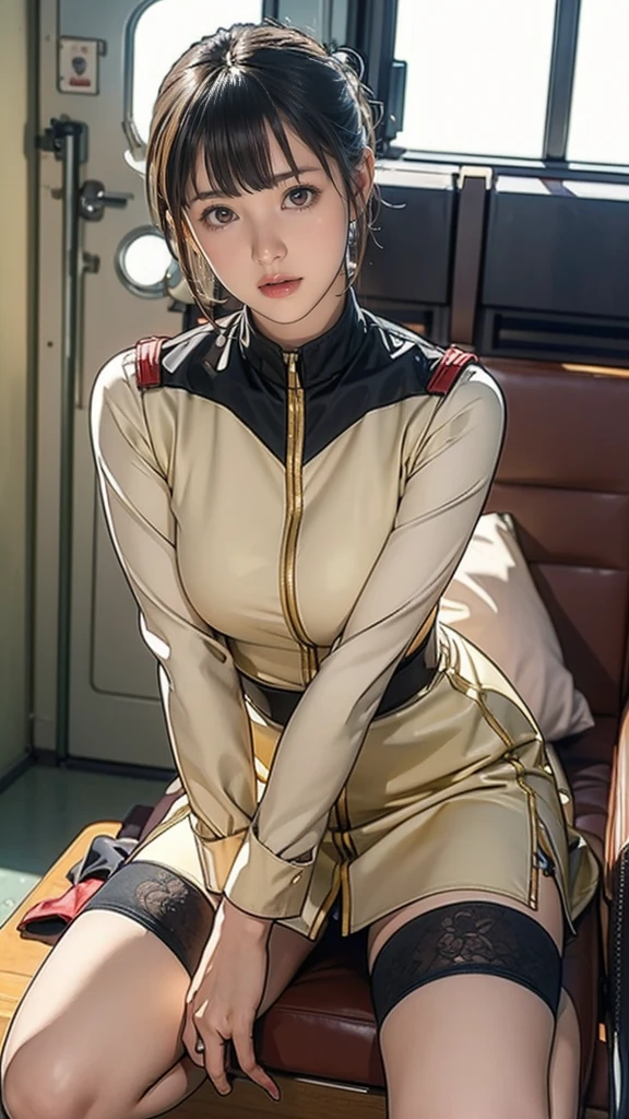 10-year-old girl、Earth Federation Operator Girl Soldier、Black short hair、Large Breasts、Idol-level cuteness、Childish face and appearance、Operator intercom mounted on head、Accurately drawn faces、thin、健康的なKnee-lengthスカート風の地球連邦軍制服、Knee-length、Inside the bridge of a battleship、Low angle shot、Anatomically correct、Accurate Fingers、Accurate Rimbuster Piece、Photorealization