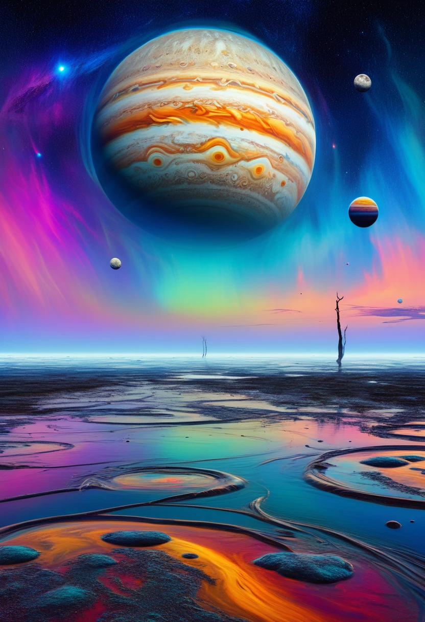 create a colorful multiverse with colorful planets,who knew jupiter,Saturn,Moon,planet Earth, Marte, a sea with melted footprints,cosmos,surrealist art, abstract, style of Dali and Edvard Munch, expressionism, some melted images,painting picture