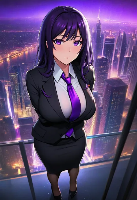 woman, very dark purple hair, purple eyes, long hair, huge breasts, black business suit, necktie, long pencil skirt, pantyhose,,...