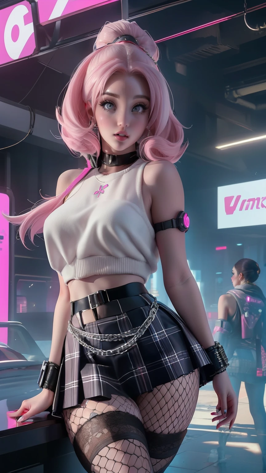 (The best quality,A high resolution,Ultra - detailed,actual),Ariana Grande fre3ckles, redhead, grey eyes, parts, 1 girl,  pl34tp1nk, plaid skirt, fishnet stockings, chains, bare shoulders, Pink sweater, black sleeveless top,,( cyberpunk 2.1)