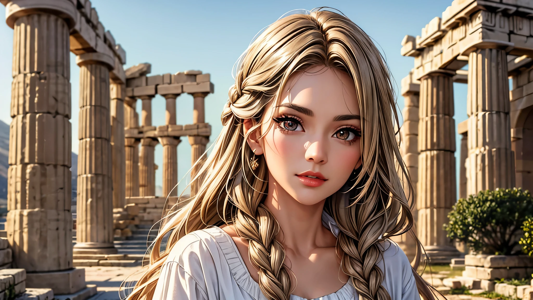 (best quality, 8K, masterpiece:1.3), pretty Woman, 1 girl, beautiful face, (Sexy), light brown gradient hair, blunt bangs wavy long hair side braids, long braid, white casual dress, Ultra-detailed face, Detailed lips, super detailed eyes, double eyelids, long upper eyelashes, Soft skin, HD skin, Mediterranean, Athens, Ancient miracles, Greek temple ruins, Giant pillars, 8k, Super detailed, best quality detail, retina, Ultra-high resolution, masterpiece, ccurate