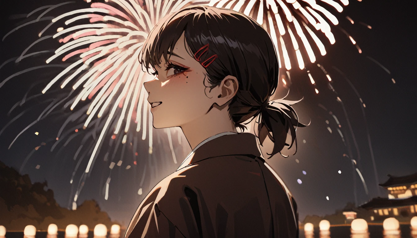 1girl, higashiyama kobeni, wearing kimono with firework in background, (masterpiece), cinematic, beautiful light, best quality, newest,safe, absurdres, smiling , look at viewers, tilt head, turn head back