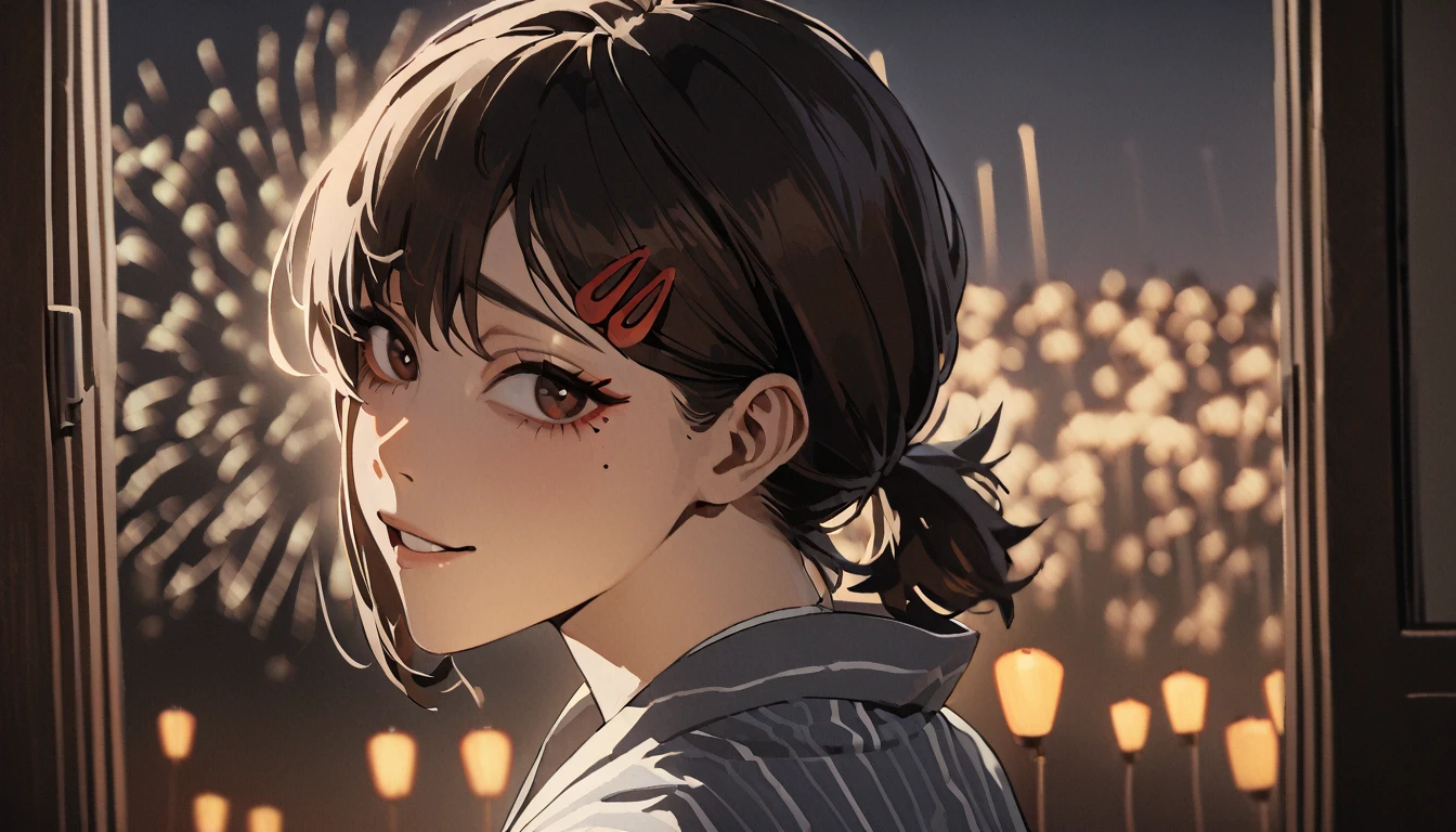 1girl, higashiyama kobeni, wearing kimono with firework in background, (masterpiece), cinematic, beautiful light, best quality, newest,safe, absurdres, smiling , look at viewers, tilt head, turn head back